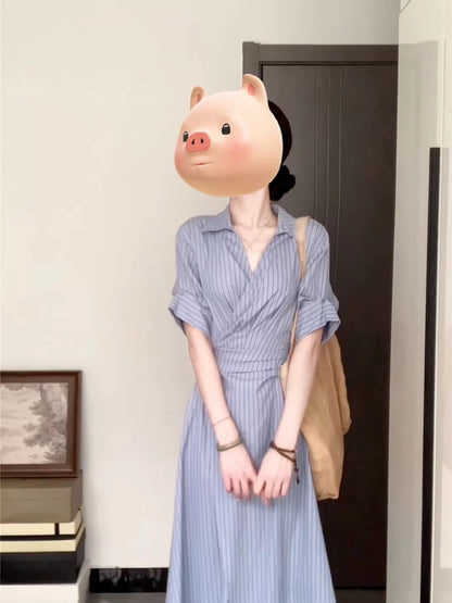 Korean style elegant blue striped shirt dress women's summer design niche advanced waist slimming long skirt