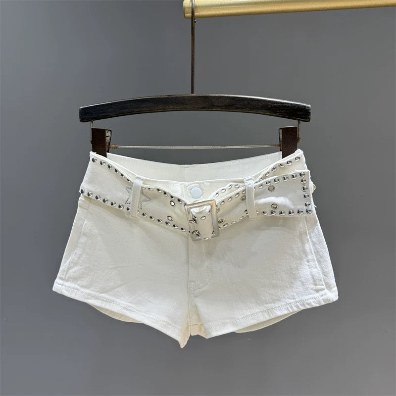 American retro rivet belt slim hot girl denim shorts women's summer new style all-match sexy a-line hot pants