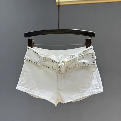 American retro rivet belt slim hot girl denim shorts women's summer new style all-match sexy a-line hot pants