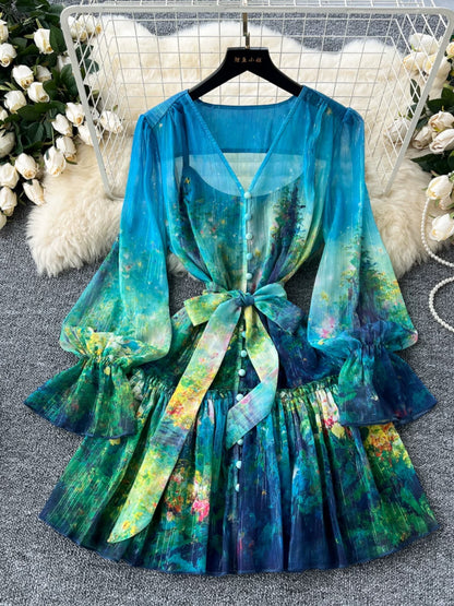 European and American design bell-sleeve dress for women French gentle style printed waist strap V-neck ruffle skirt