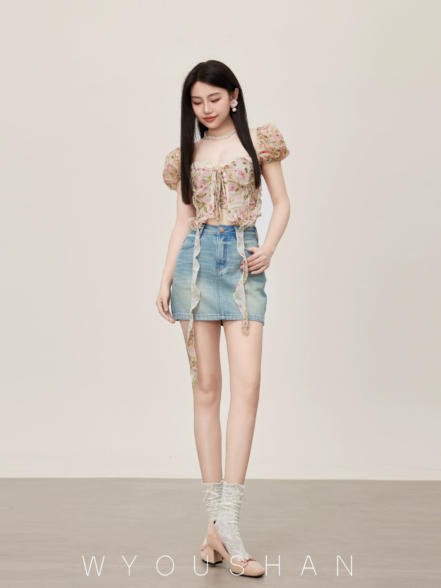 839 Wang Youshan blue denim short skirt high waist 2024 summer new small women's hip-covering and slimming skirt