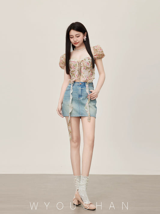 839 Wang Youshan blue denim short skirt high waist 2024 summer new small women's hip-covering and slimming skirt