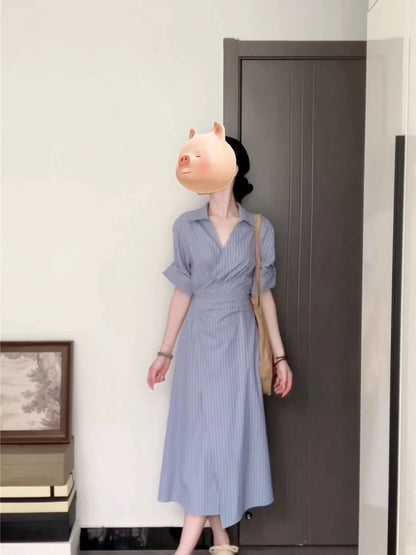 Korean style elegant blue striped shirt dress women's summer design niche advanced waist slimming long skirt