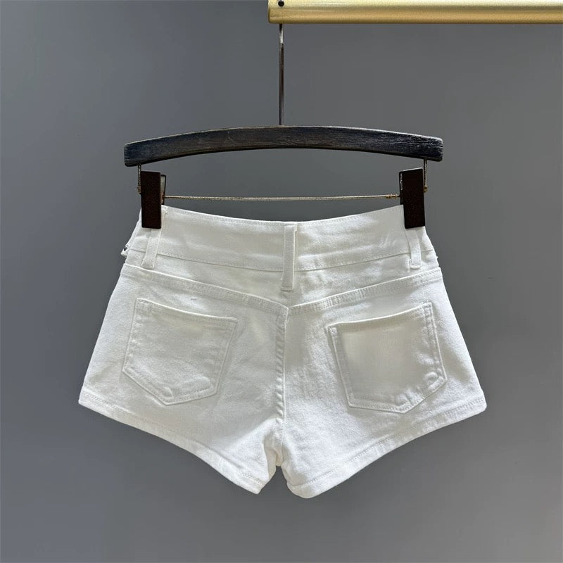 American retro rivet belt slim hot girl denim shorts women's summer new style all-match sexy a-line hot pants