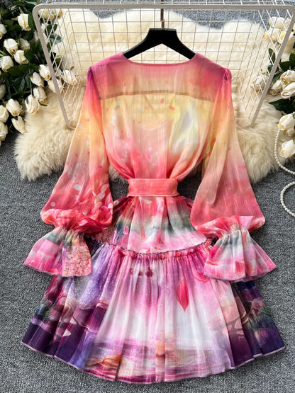 European and American design bell-sleeve dress for women French gentle style printed waist strap V-neck ruffle skirt