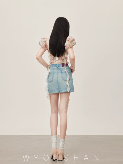 839 Wang Youshan blue denim short skirt high waist 2024 summer new small women's hip-covering and slimming skirt