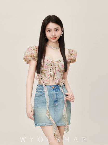 839 Wang Youshan blue denim short skirt high waist 2024 summer new small women's hip-covering and slimming skirt