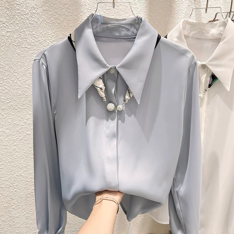 2022 new Korean temperament slim solid color lapel with silk scarf long-sleeved chiffon shirt female autumn thin top