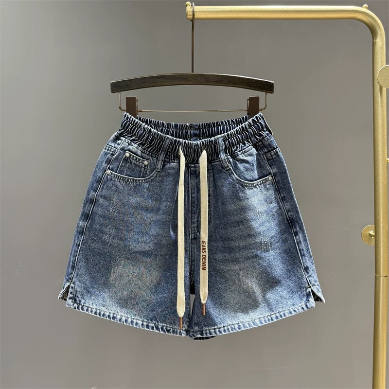 Washed dark blue denim shorts women's summer elastic waist hot girl loose wide leg pants slim a-line straight hot pants