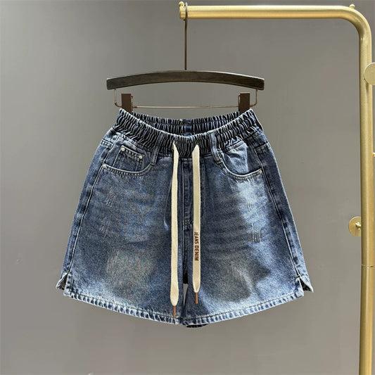 Washed dark blue denim shorts women's summer elastic waist hot girl loose wide leg pants slim a-line straight hot pants
