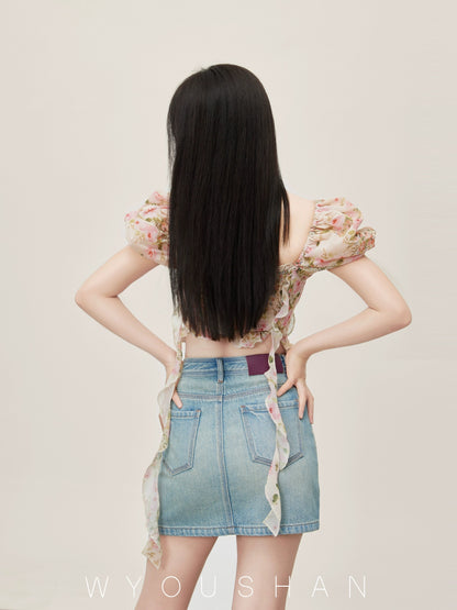 839 Wang Youshan blue denim short skirt high waist 2024 summer new small women's hip-covering and slimming skirt