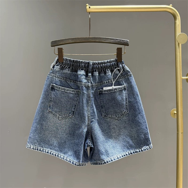 Washed dark blue denim shorts women's summer elastic waist hot girl loose wide leg pants slim a-line straight hot pants