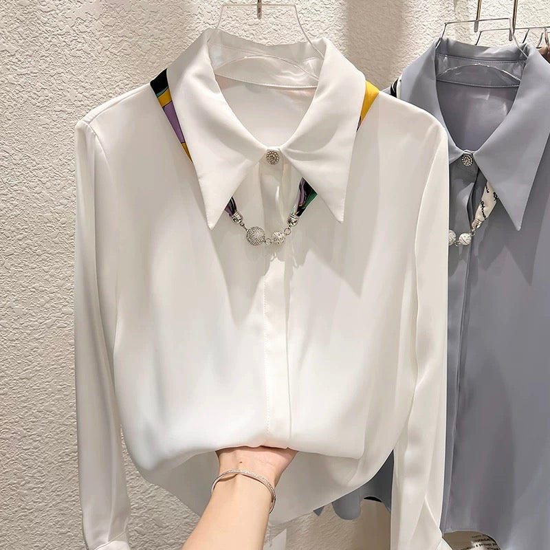 2022 new Korean temperament slim solid color lapel with silk scarf long-sleeved chiffon shirt female autumn thin top
