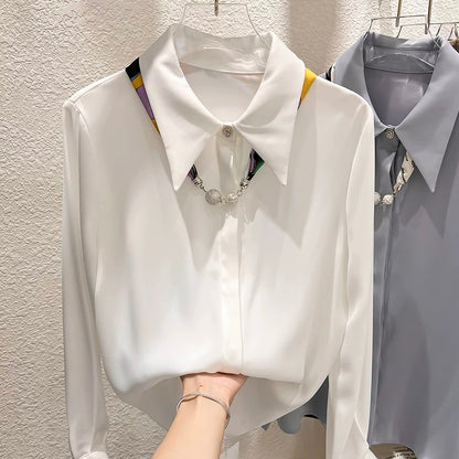 2022 new Korean temperament slim solid color lapel with silk scarf long-sleeved chiffon shirt female autumn thin top