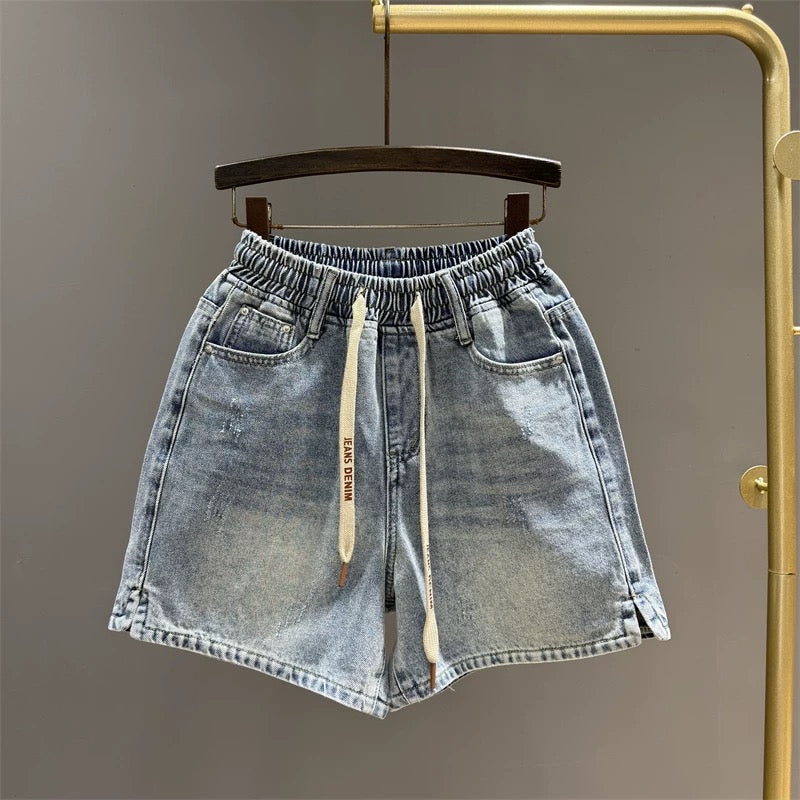 Washed dark blue denim shorts women's summer elastic waist hot girl loose wide leg pants slim a-line straight hot pants