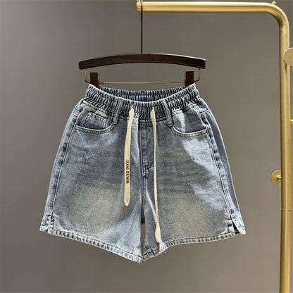 Washed dark blue denim shorts women's summer elastic waist hot girl loose wide leg pants slim a-line straight hot pants