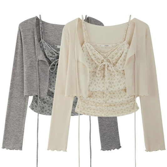 Spring/Summer New Arrival: Sweet and Spicy Short Floral Print Tank Top and Long-Sleeved Cardigan Two-Piece Set