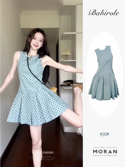 French retro polka dot dress for women summer new Korean style waist slimming sleeveless vest pleated short skirt for small people