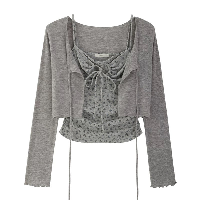 Spring/Summer New Arrival: Sweet and Spicy Short Floral Print Tank Top and Long-Sleeved Cardigan Two-Piece Set
