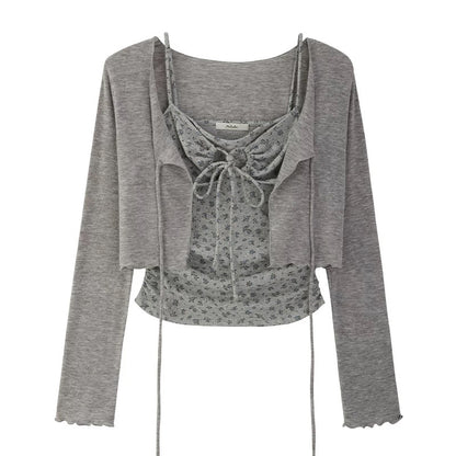 Spring/Summer New Arrival: Sweet and Spicy Short Floral Print Tank Top and Long-Sleeved Cardigan Two-Piece Set