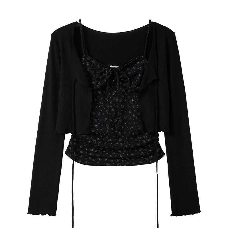 Spring/Summer New Arrival: Sweet and Spicy Short Floral Print Tank Top and Long-Sleeved Cardigan Two-Piece Set