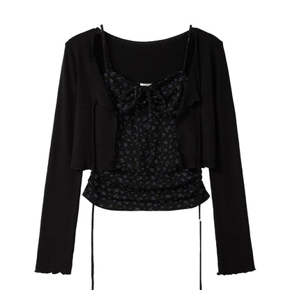 Spring/Summer New Arrival: Sweet and Spicy Short Floral Print Tank Top and Long-Sleeved Cardigan Two-Piece Set