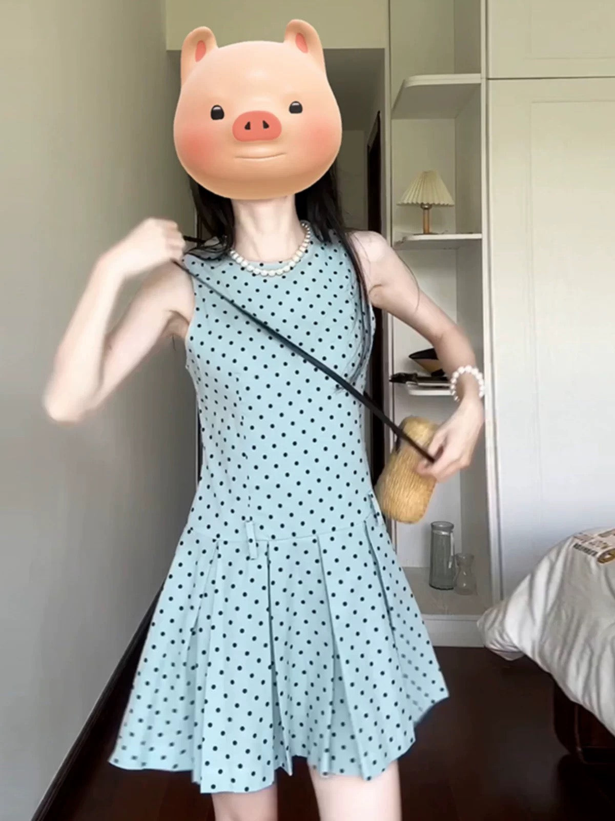 French retro polka dot dress for women summer new Korean style waist slimming sleeveless vest pleated short skirt for small people