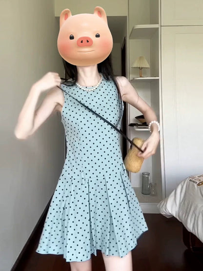 French retro polka dot dress for women summer new Korean style waist slimming sleeveless vest pleated short skirt for small people
