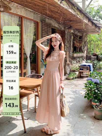 Zeng Xiaoxian Gentle Rose Pink Ruffle Dress Women's New French Square Neck Small Flying Sleeves Slim Long Dress
