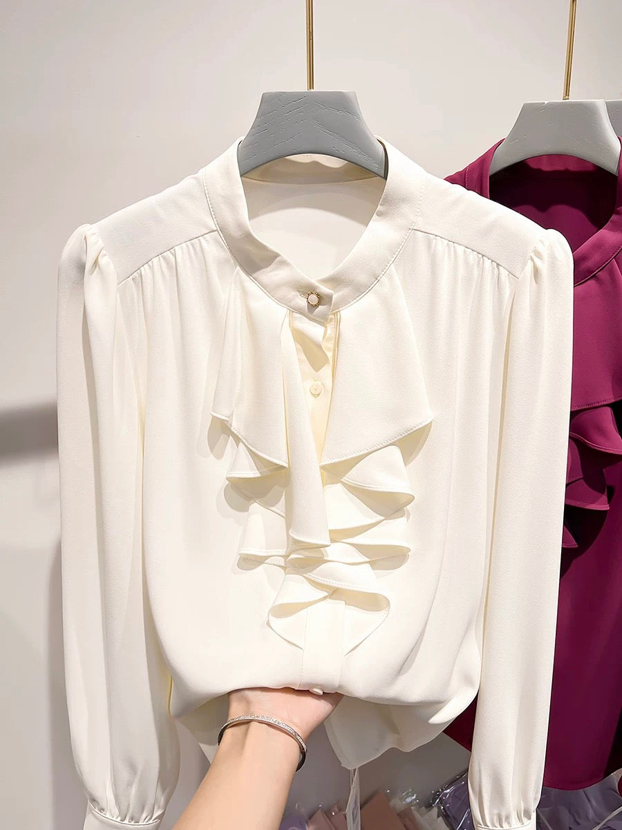 2024 new Korean temperament stand collar ruffled solid color pullover long sleeve chiffon shirt female spring thin top