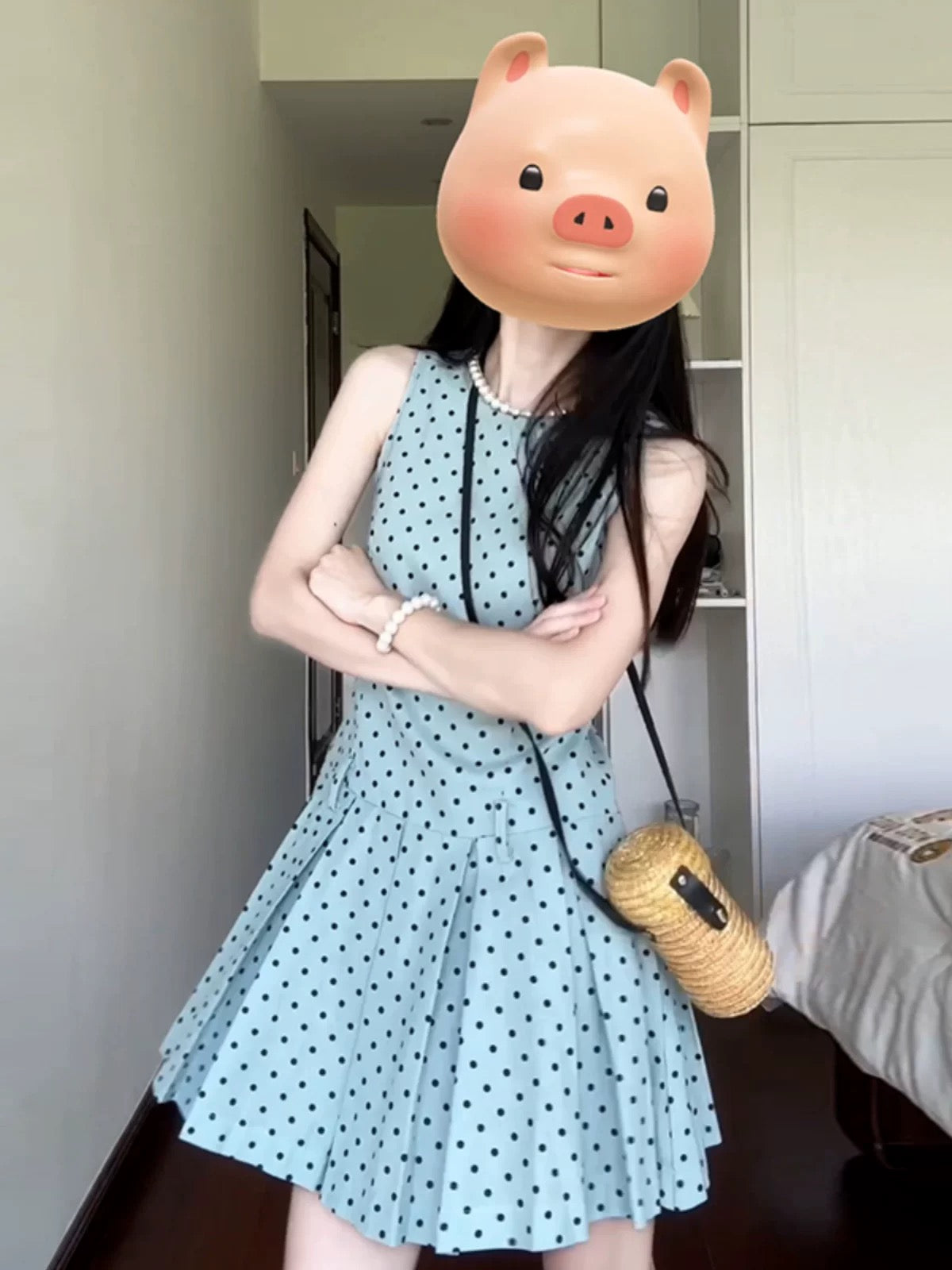 French retro polka dot dress for women summer new Korean style waist slimming sleeveless vest pleated short skirt for small people