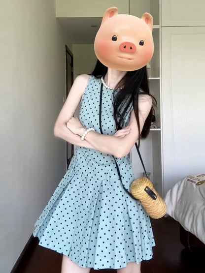 French retro polka dot dress for women summer new Korean style waist slimming sleeveless vest pleated short skirt for small people