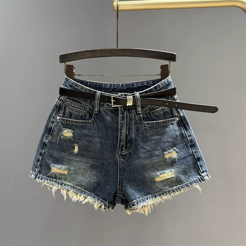 2025 summer new high waist denim shorts women retro hot girl slim all-match raw edge a-line wide leg hot pants