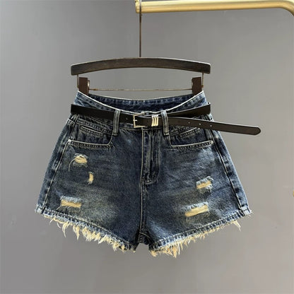2025 summer new high waist denim shorts women retro hot girl slim all-match raw edge a-line wide leg hot pants