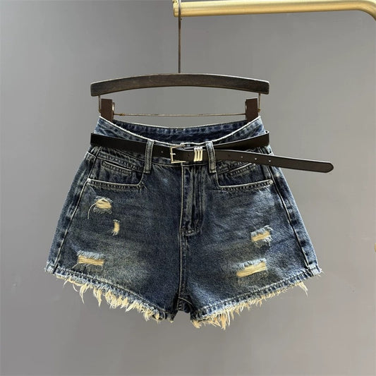 2025 summer new high waist denim shorts women retro hot girl slim all-match raw edge a-line wide leg hot pants