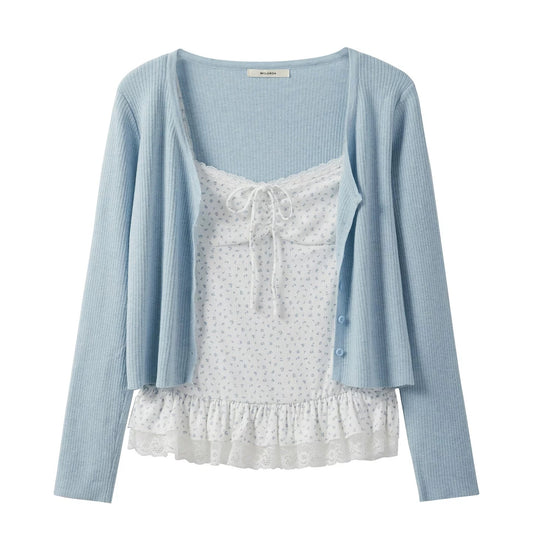 Women's Autumn New Style Long-Sleeved Knitted Cardigan with Bow Tie and Lace Floral Print Camisole Two-Piece Set