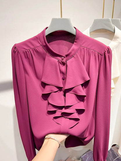 2024 new Korean temperament stand collar ruffled solid color pullover long sleeve chiffon shirt female spring thin top