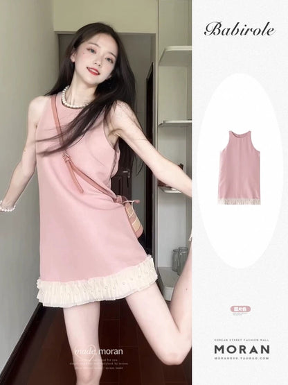 French sleeveless vest pink dress with stitching design 2025 new summer style loose and slim skirt