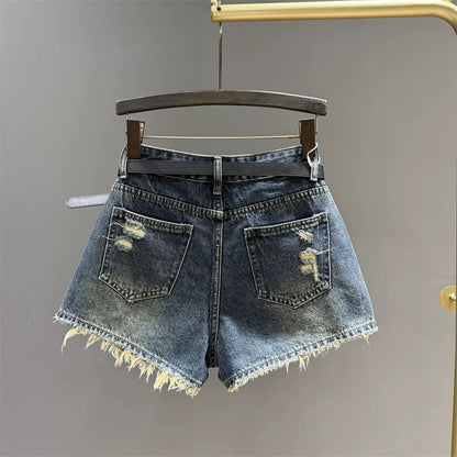 2025 summer new high waist denim shorts women retro hot girl slim all-match raw edge a-line wide leg hot pants