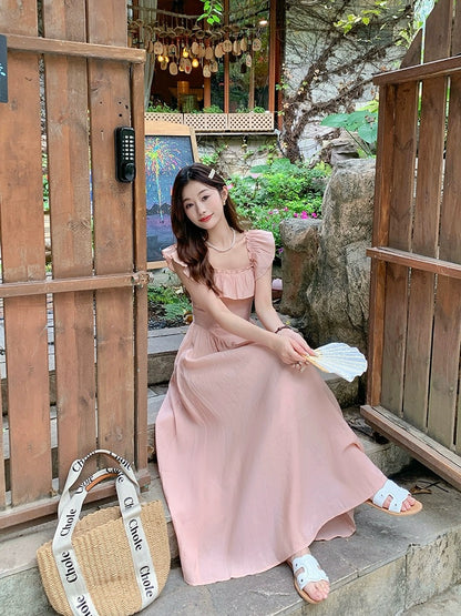 Zeng Xiaoxian Gentle Rose Pink Ruffle Dress Women's New French Square Neck Small Flying Sleeves Slim Long Dress