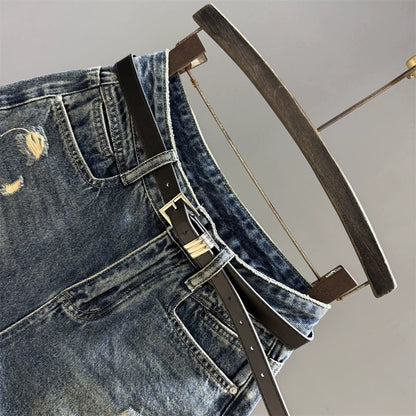 2025 summer new high waist denim shorts women retro hot girl slim all-match raw edge a-line wide leg hot pants