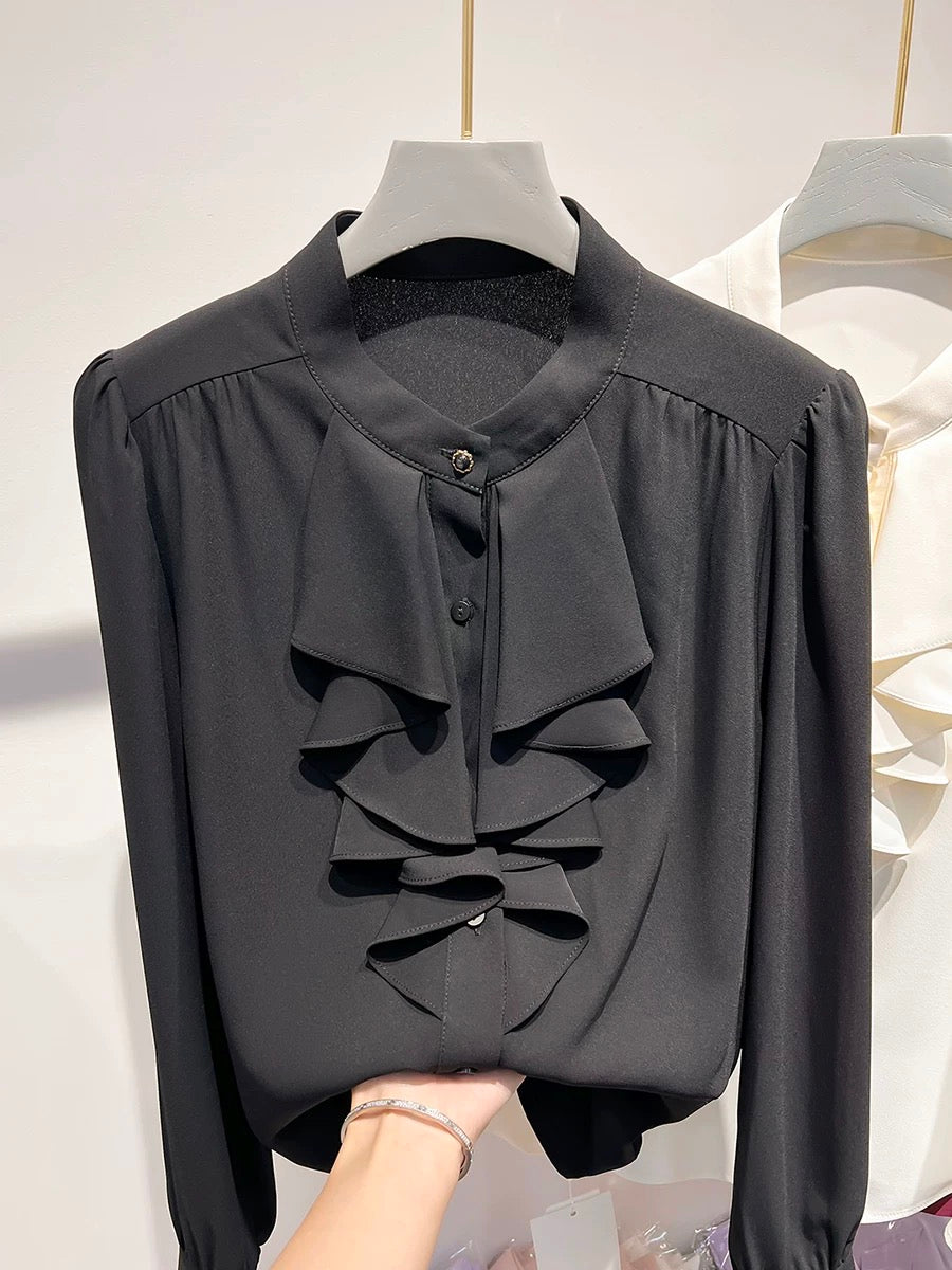 2024 new Korean temperament stand collar ruffled solid color pullover long sleeve chiffon shirt female spring thin top