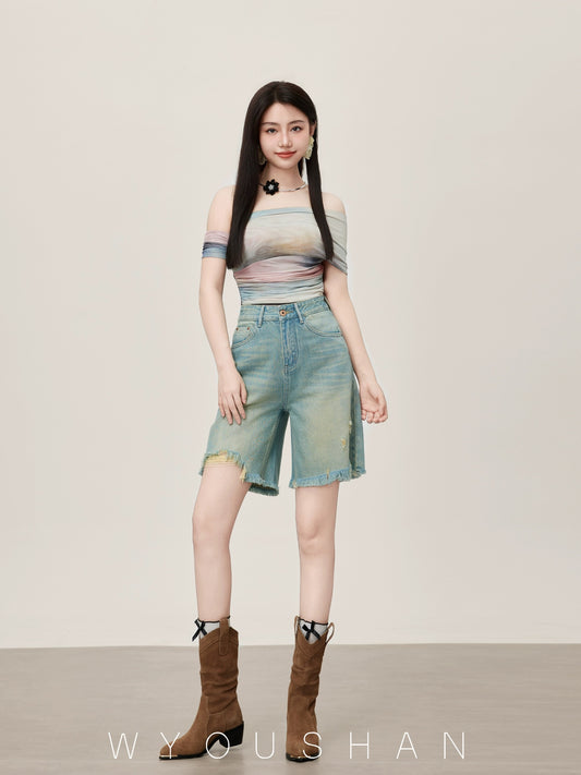 062 Wang Youshan denim shorts women's high-waisted summer loose wide-leg shorts thin mid-length straight pants