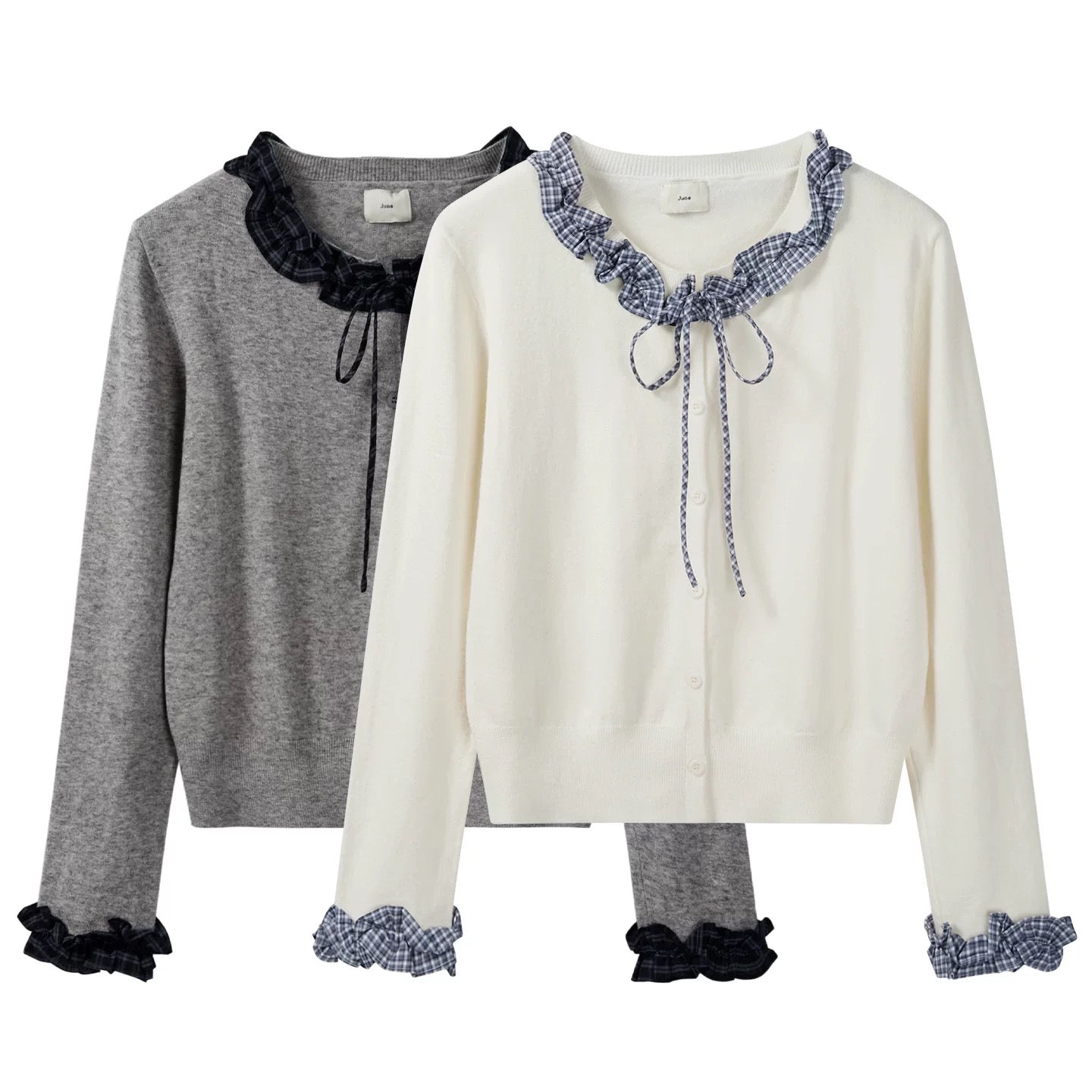 Women's Autumn New Arrival Sweet Casual Versatile Top with Plaid Lace Trim and Tie