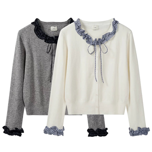 Women's Autumn New Arrival Sweet Casual Versatile Top with Plaid Lace Trim and Tie