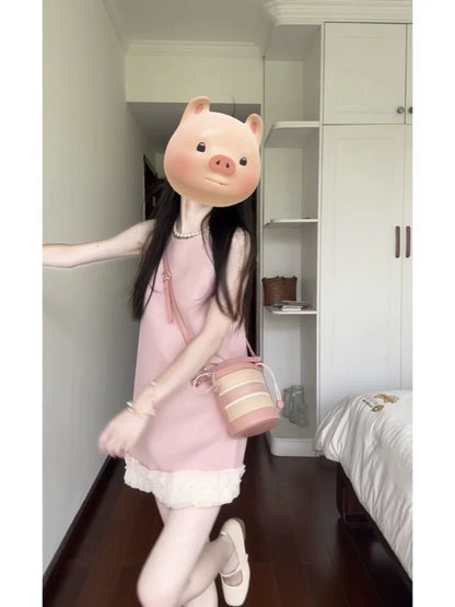 French sleeveless vest pink dress with stitching design 2025 new summer style loose and slim skirt