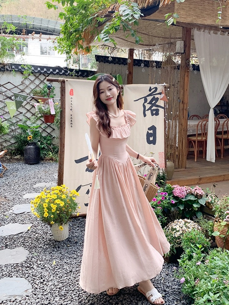 Zeng Xiaoxian Gentle Rose Pink Ruffle Dress Women's New French Square Neck Small Flying Sleeves Slim Long Dress