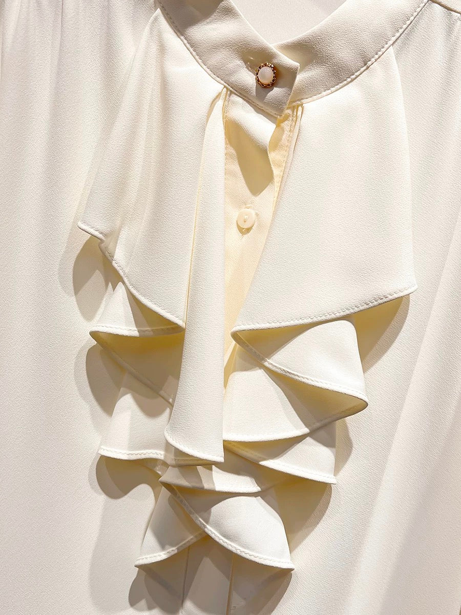2024 new Korean temperament stand collar ruffled solid color pullover long sleeve chiffon shirt female spring thin top