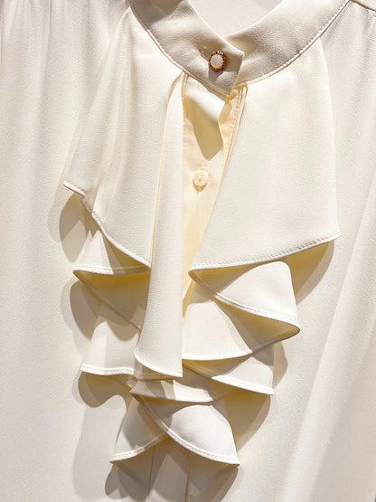 2024 new Korean temperament stand collar ruffled solid color pullover long sleeve chiffon shirt female spring thin top