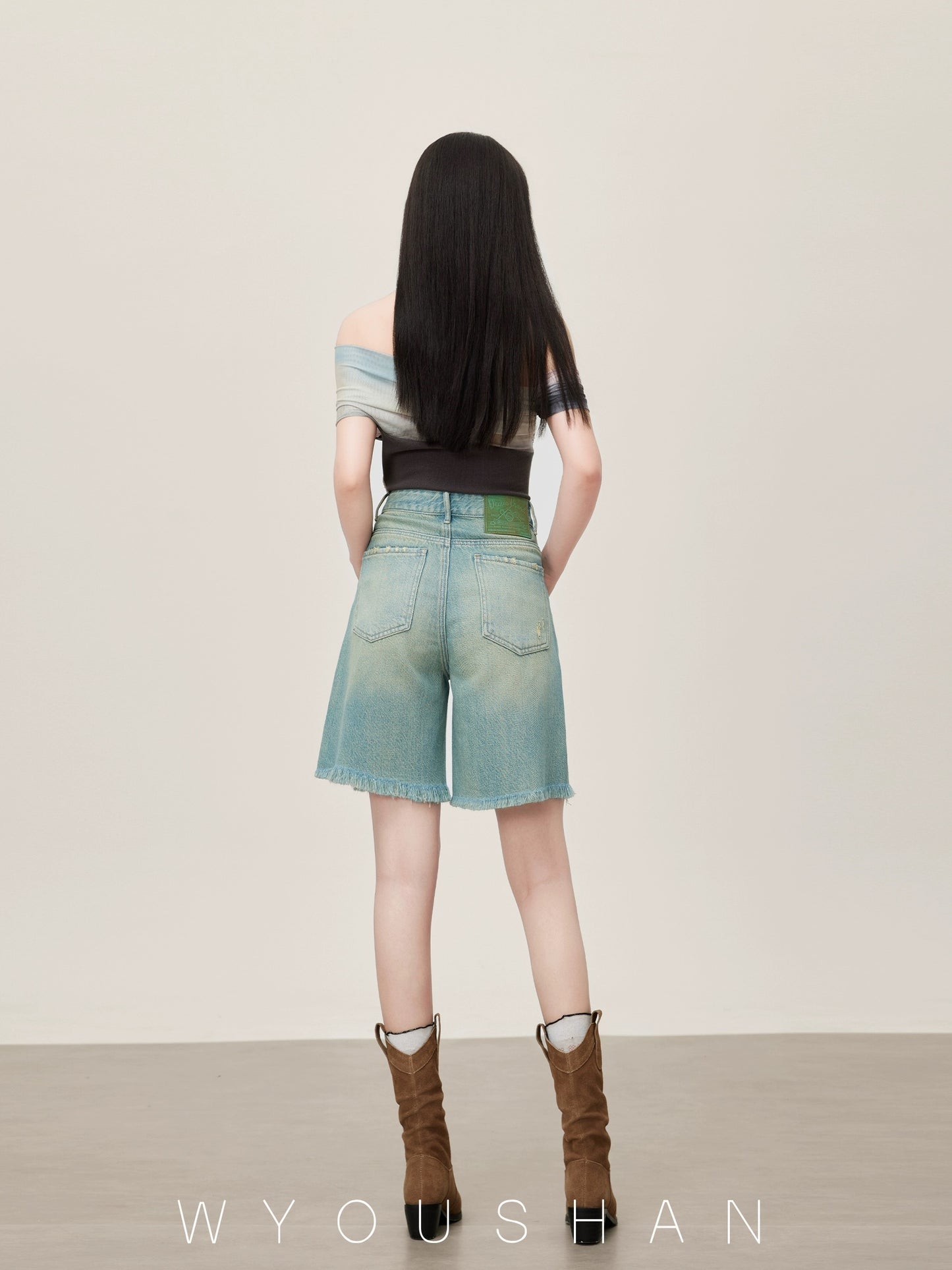 062 Wang Youshan denim shorts women's high-waisted summer loose wide-leg shorts thin mid-length straight pants